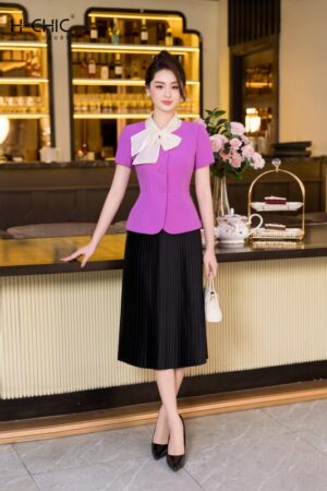 Set ký giả tím cổ voan nơ