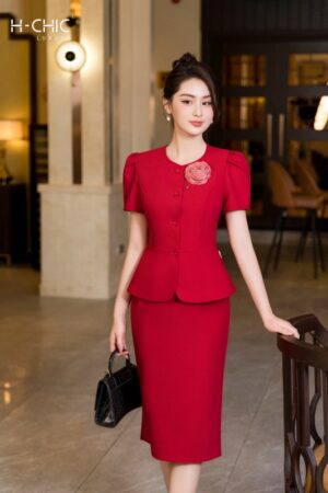 Set ký giả cổ tròn tay xếp ly (Đỏ)