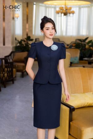 Set ký giả cổ tròn tay xếp ly (Xanh than )