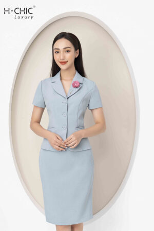 Set ký giả xanh nhạt cổ K 3 cúc
